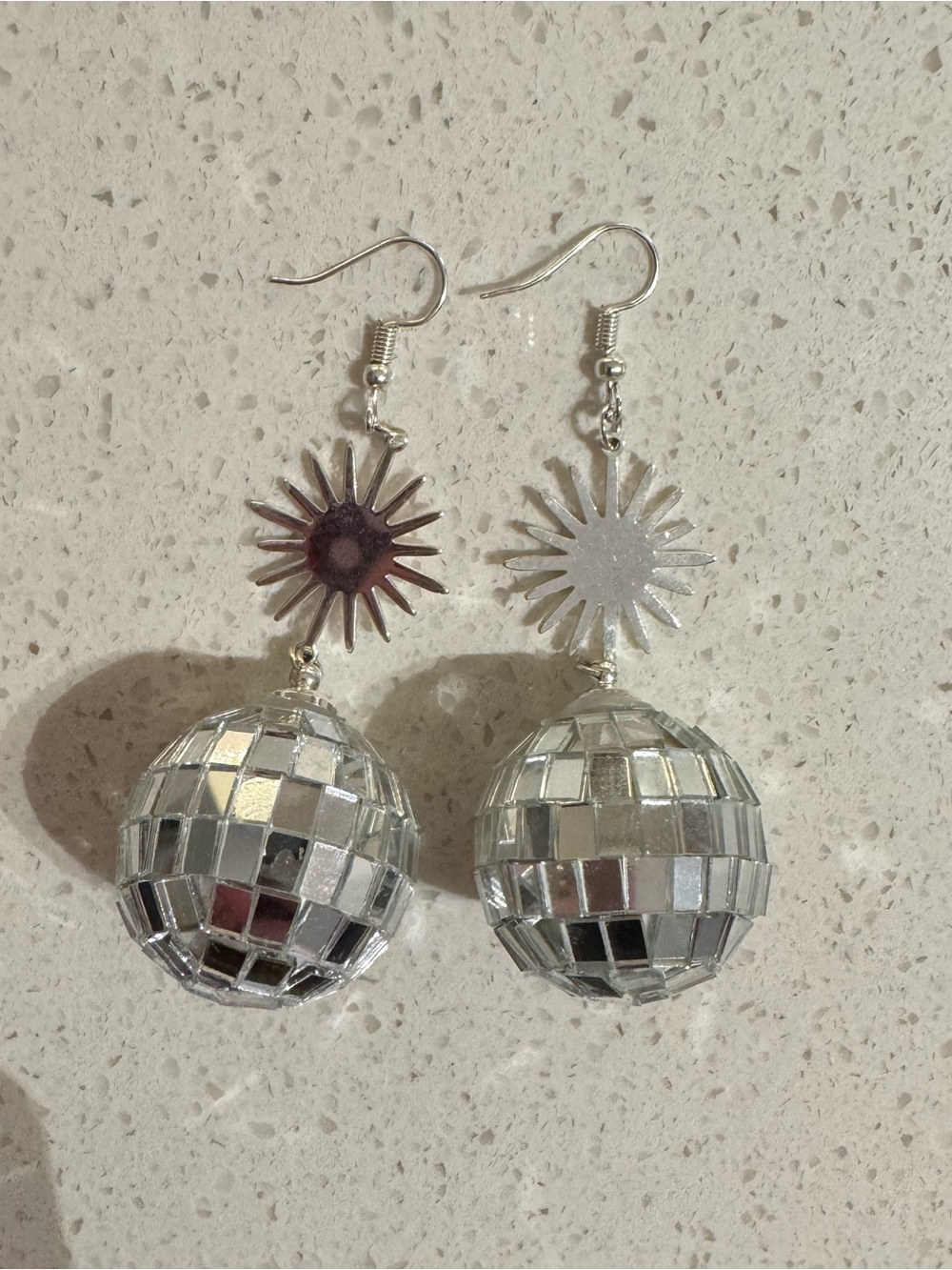 Silver Disco Ball Sunburst Drop Earrings